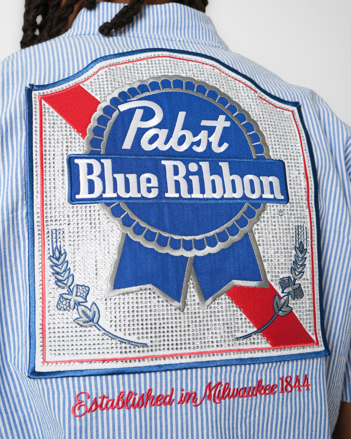 Preme Pabst Blue Ribbon Heritage Mechanic Shirt back patch detail