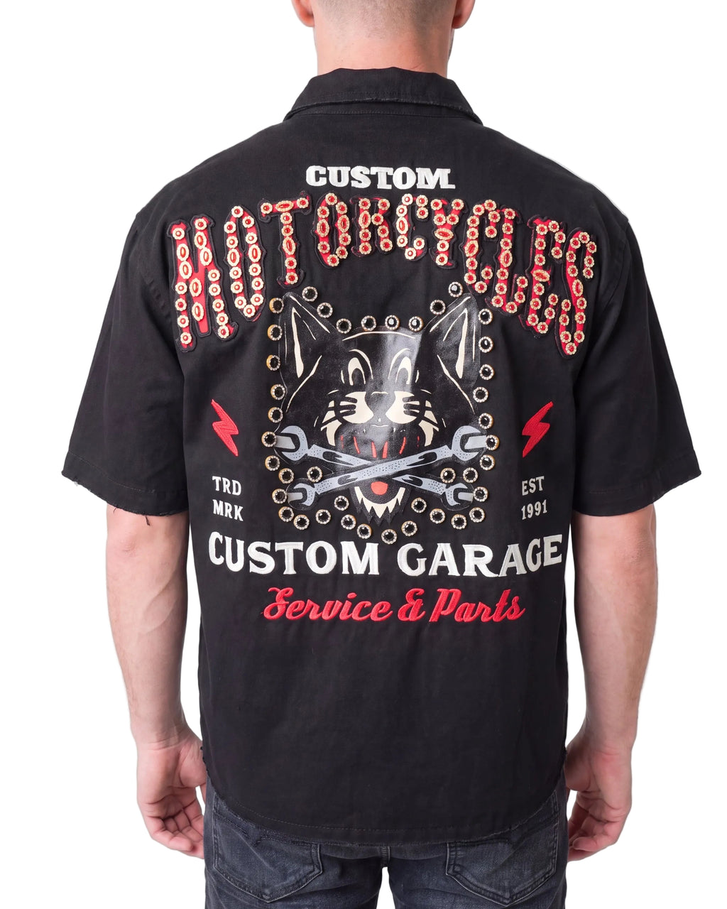 Preme Motorcycles Custom Garage woven shirt back